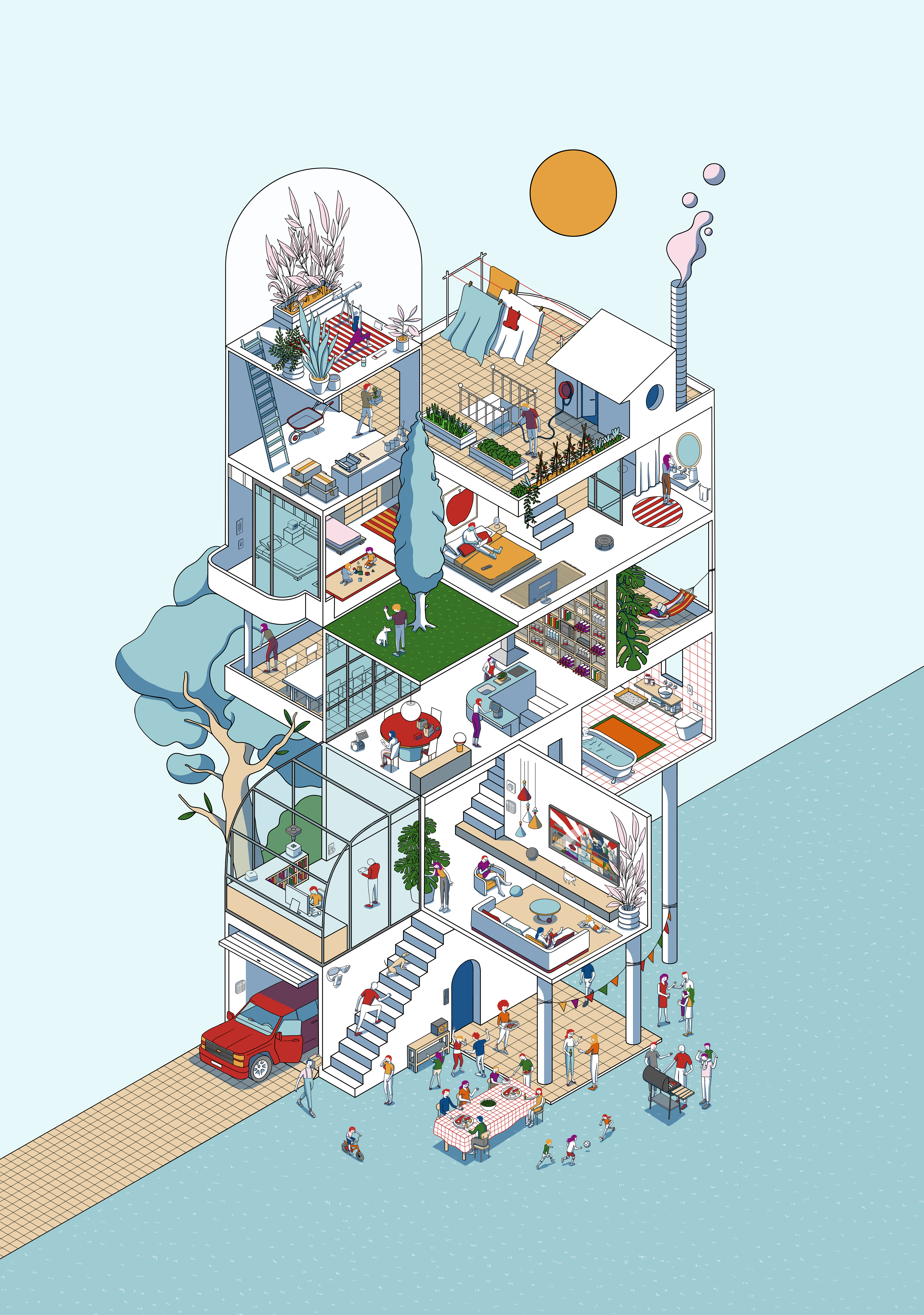 Giant cutaway house illustration filled with Amazon products
